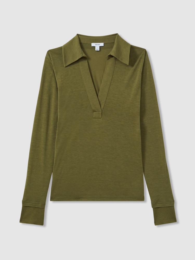 Reiss Green Nixi Lyocell-Wool Open-Collar Top - Image 2 of 8