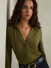 Reiss Green Nixi Lyocell-Wool Open-Collar Top - Image 7 of 8