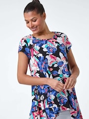Roman Blue Floral Print Stretch Hanky Hem Top - Image 1 of 5