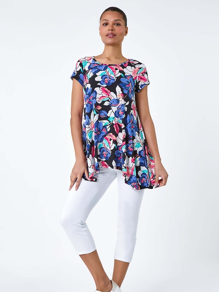 Roman Blue Floral Print Stretch Hanky Hem Top - Image 2 of 5