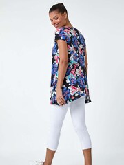 Roman Blue Floral Print Stretch Hanky Hem Top - Image 3 of 5