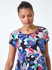 Roman Blue Floral Print Stretch Hanky Hem Top - Image 4 of 5
