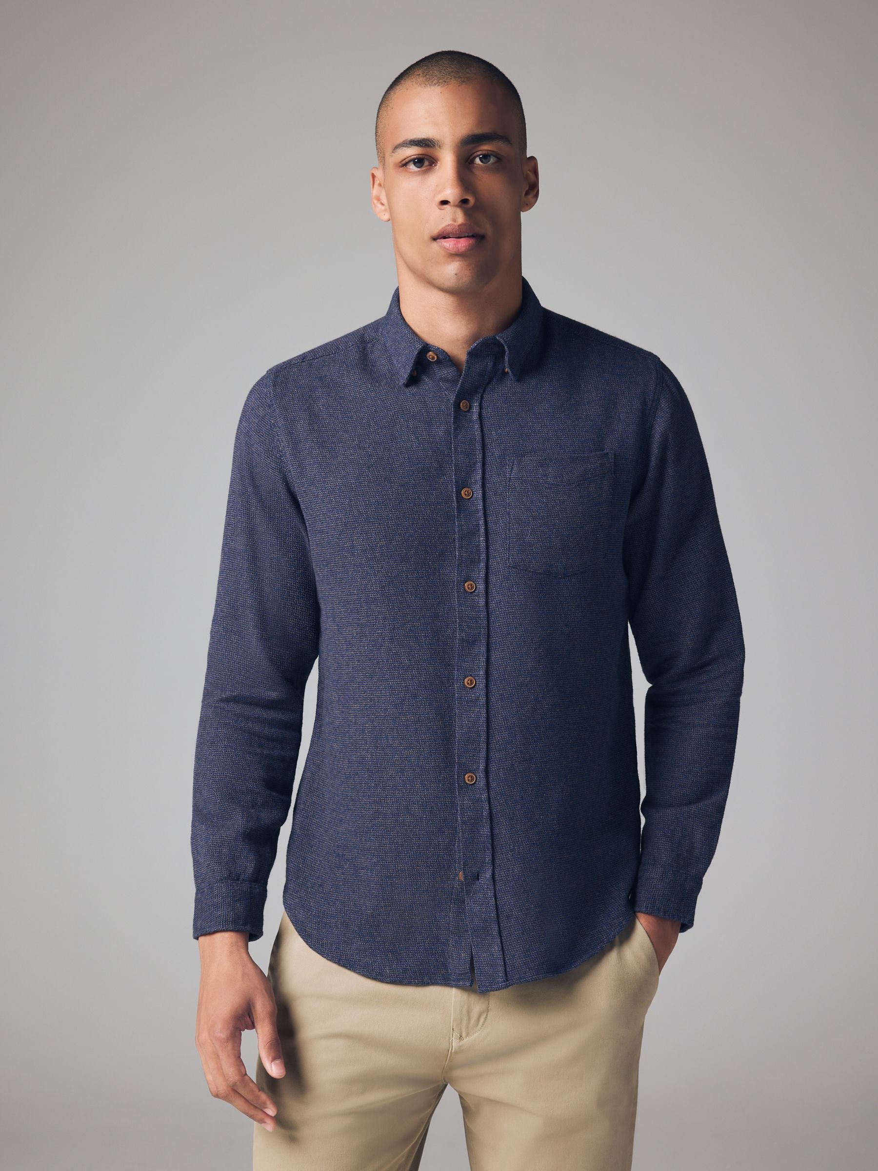 Navy Blue Brushed Texture 100% Cotton Long Sleeve Shirt