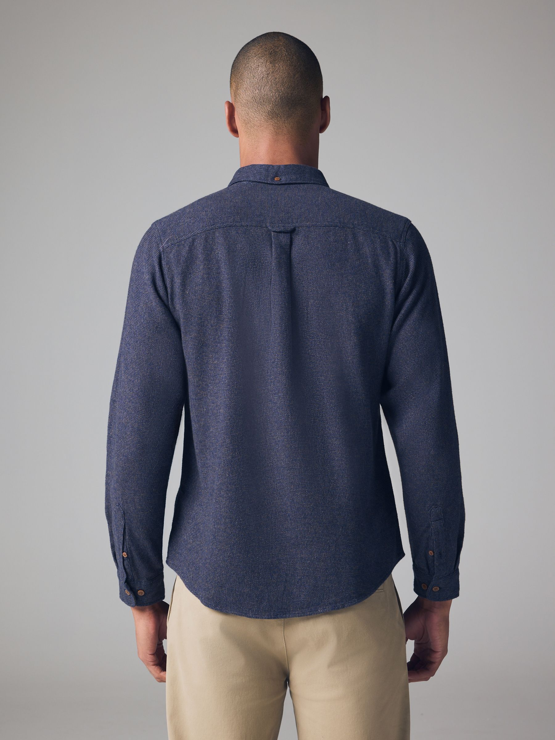 Buy Navy Blue Brushed Texture 100% Cotton Long Sleeve Shirt
