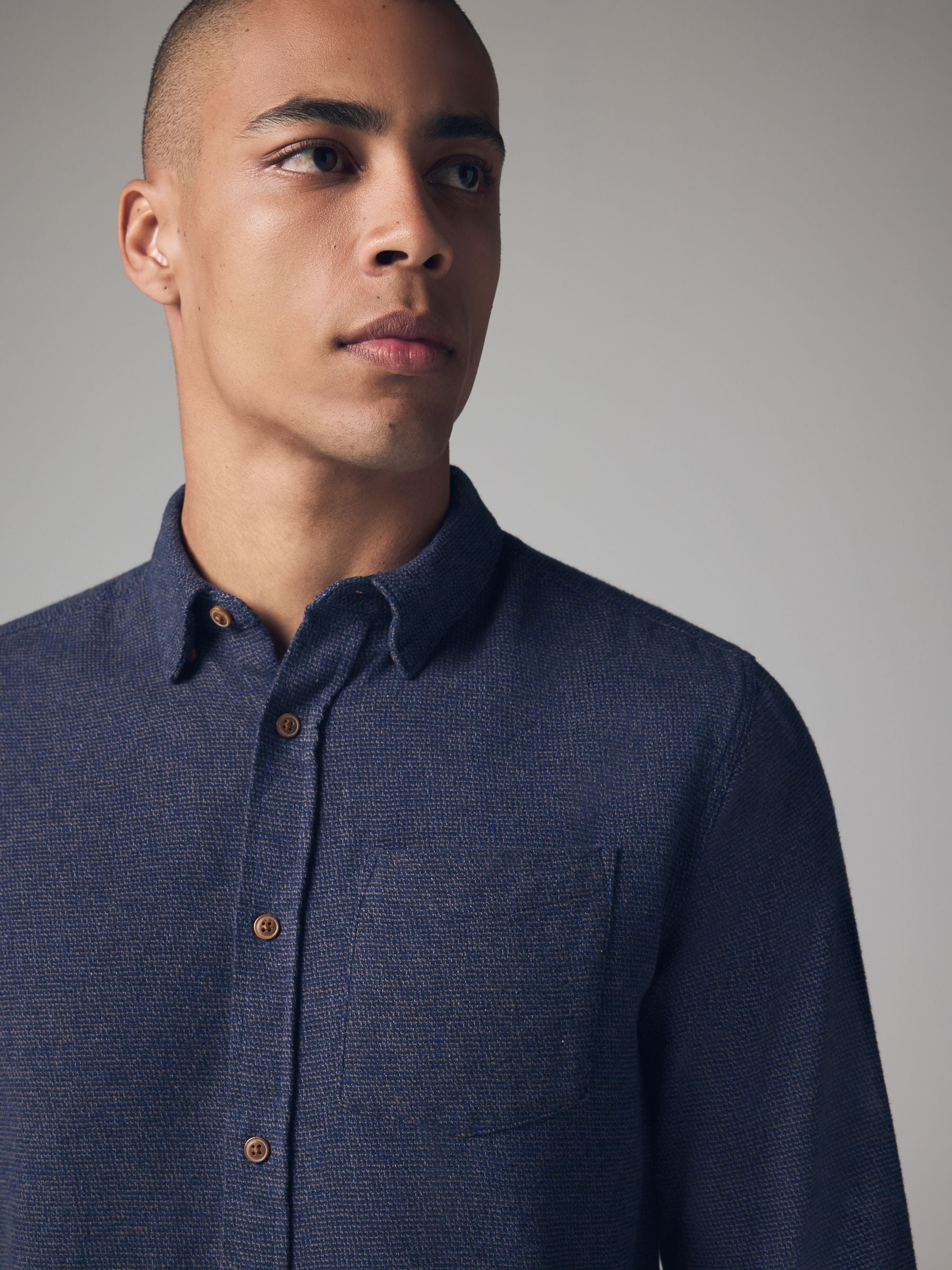 Buy Navy Blue Brushed Texture 100% Cotton Long Sleeve Shirt