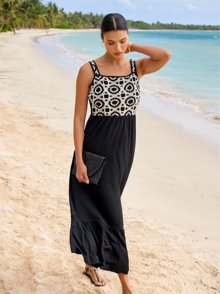 Lipsy Black/White Petite Crochet Mix Cami Holiday Shop Maxi Dress - Image 4 of 4