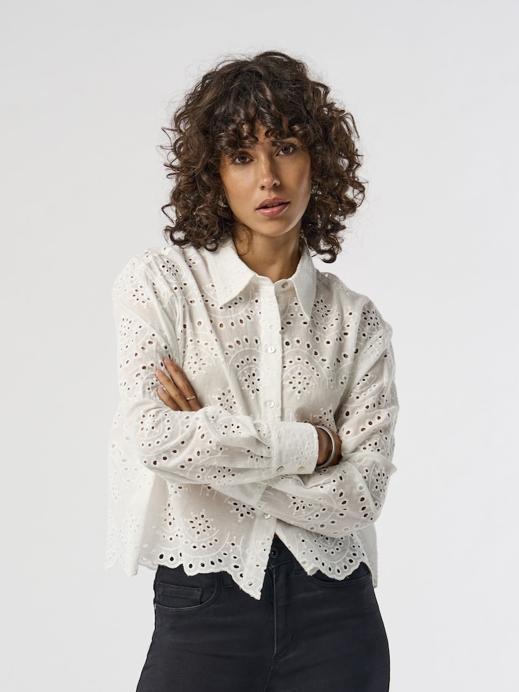 ONLY White 100% Cotton Broderie Long Sleeve Shirt With Scallop Edge - Image 1 of 8 ONLY White 100% Cotton Broderie Long Sleeve Shirt With Scallop Edge - Image 1 of 8
