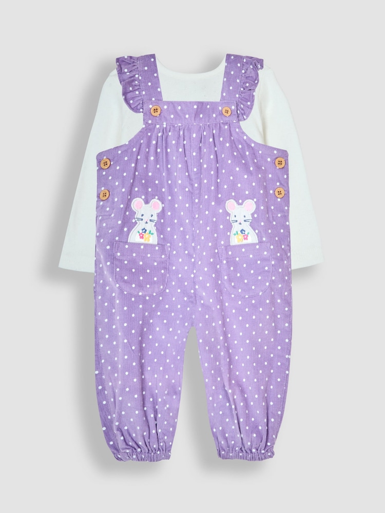 JoJo Maman Bébé Lilac Purple Mouse Appliqué Cord Dungarees & Top Set - Image 1 of 6