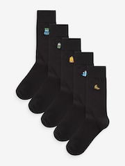 Black Camping Fun Embroidered Socks 5 Pack - Image 1 of 8