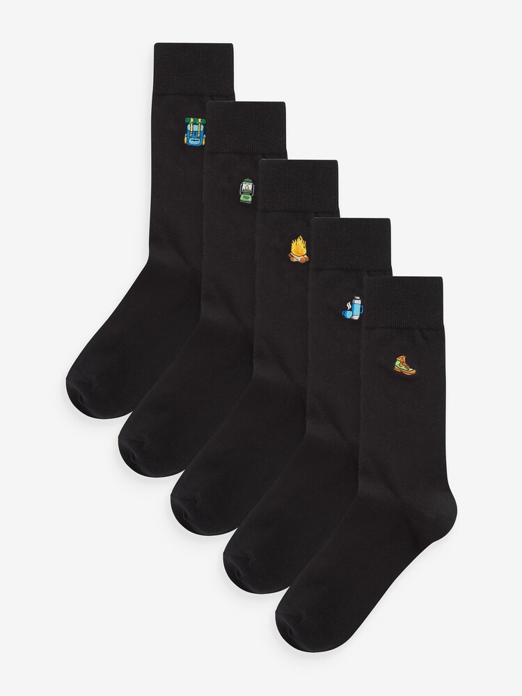 Black Camping Fun Embroidered Socks 5 Pack - Image 1 of 8
