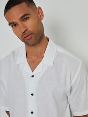 Threadbare White Linen Blend Revere Collar Short Sleeve Shirt - Image 4 of 5