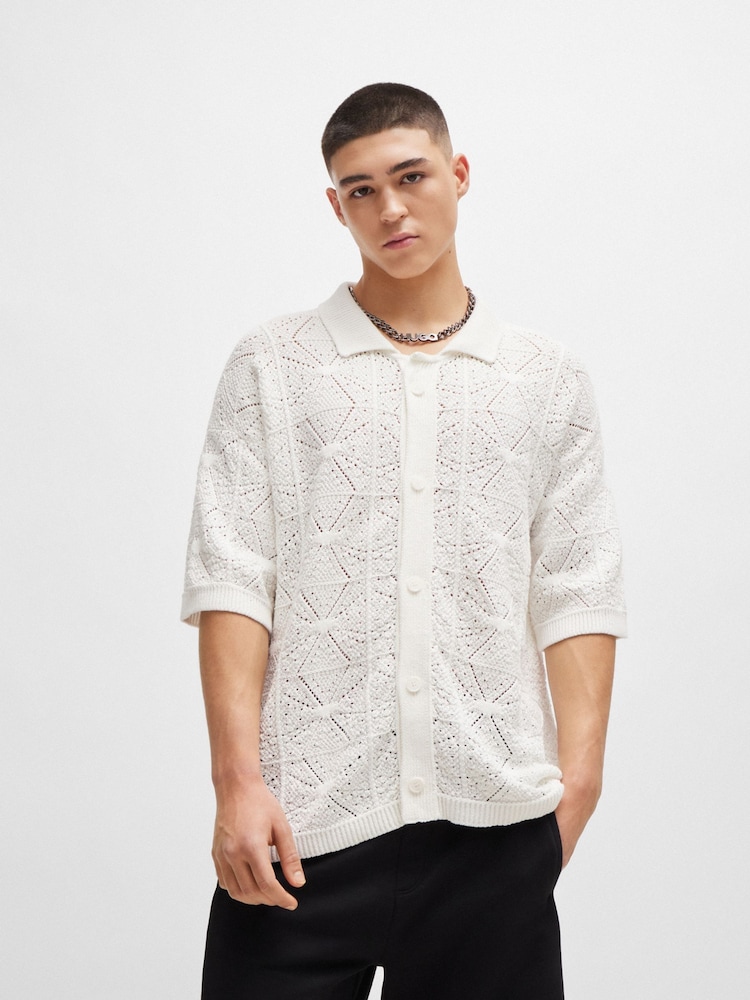 HUGO Relaxed-Fit Short-Sleeved White Shirt in Crochet Cotton - Image 1 of 5 HUGO Relaxed-Fit Short-Sleeved White Shirt in Crochet Cotton - Image 1 of 5