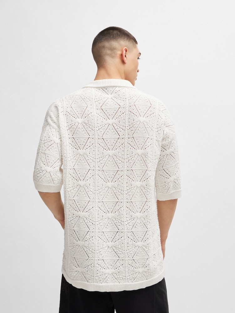 HUGO Relaxed-Fit Short-Sleeved White Shirt in Crochet Cotton - Image 2 of 5 HUGO Relaxed-Fit Short-Sleeved White Shirt in Crochet Cotton - Image 2 of 5