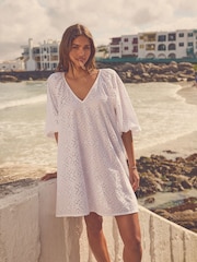 White 100% Cotton Embroidered Mini Dress - Image 1 of 8