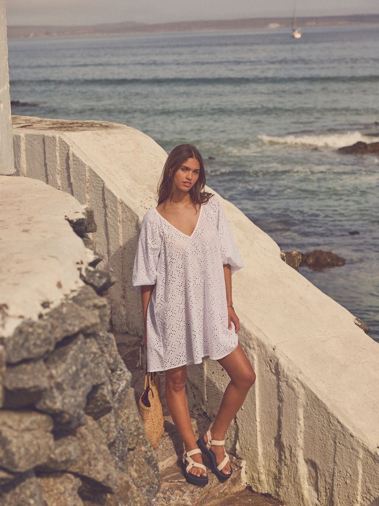 White 100% Cotton Embroidered Mini Dress - Image 2 of 8