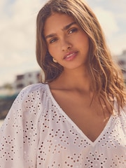 White 100% Cotton Embroidered Mini Dress - Image 5 of 8