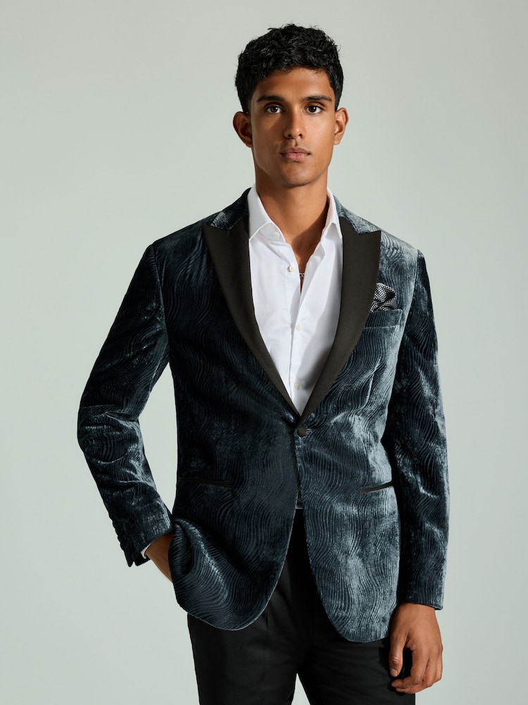 Steel Blue Slim Fit Patterned Velvet Blazer - Image 2 of 12 Steel Blue Slim Fit Patterned Velvet Blazer - Image 2 of 12