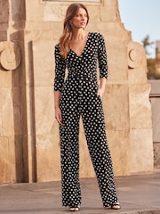 Sosandar Black Spot Print Wrap Wide Leg Jumpsuit - Image 1 of 5