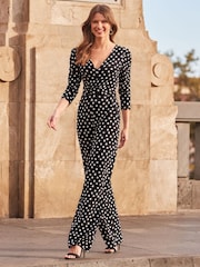 Sosandar Black Spot Print Wrap Wide Leg Jumpsuit - Image 2 of 5