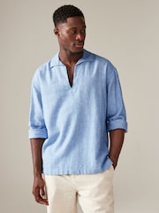 Blue Linen Blend Long Sleeve Kaftan Shirt - Image 1 of 8