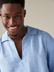 Blue Linen Blend Long Sleeve Kaftan Shirt - Image 4 of 8