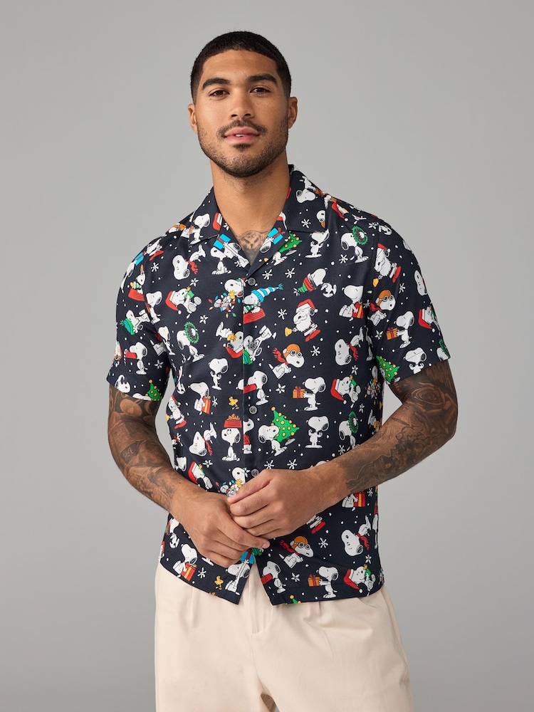 Black Snoopy Short Sleeve Christmas Print Shirt - Image 1 of 7