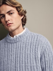 Light Blue Relaxed Fit Bouclé Textured Stripe Crew Jumper - Image 1 of 8
