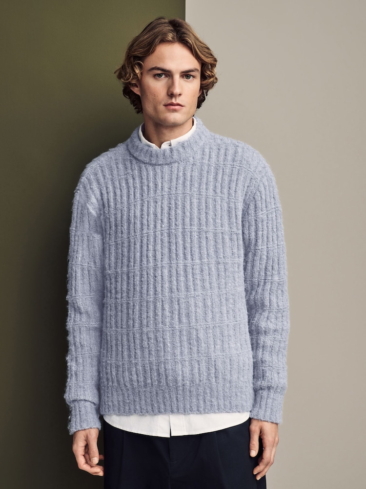 Світло-блакитний - Relaxed Fit Bouclé Textured у смужку джемпера з круглими вирізами - Image 4 of 8