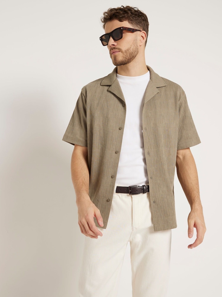 River Island Green Regular Fit Short Sleeve Revere Plisse 100% Cotton Shirt - Image 1 of 6 River Island Green Regular Fit Short Sleeve Revere Plisse 100% Cotton Shirt - Image 1 of 6