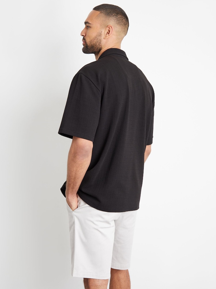 Threadbare Black Textured Revere Collar Short Sleeve Shirt - Image 2 of 4
