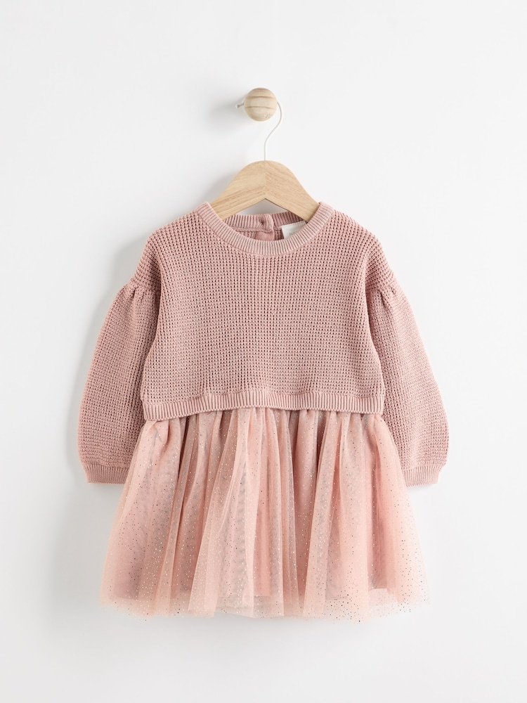 Dusky Pink Twofer Mesh Baby Dress (0mths-2yrs) - Image 1 of 11