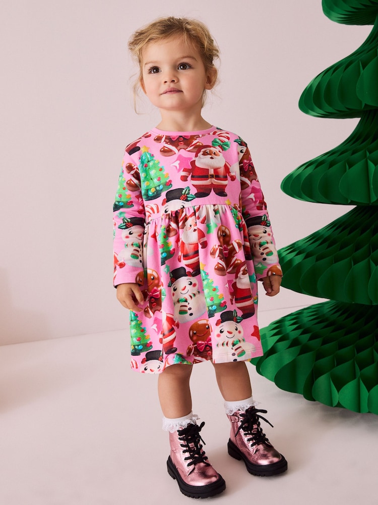 Pink Long Sleeve Jersey Christmas Dress (3mths-7yrs) - Image 2 of 10