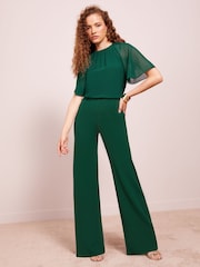 Friends Like These Green Petite Chiffon Flutter Sleeve Wide Leg Jumpsuit - Image 2 of 4