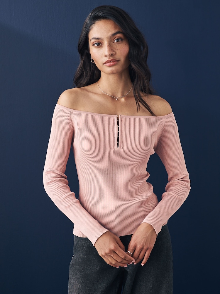 Pink Blush Bardot Off The Shoulder Fitted Rib Knitted Jumper Top - Image 1 of 7