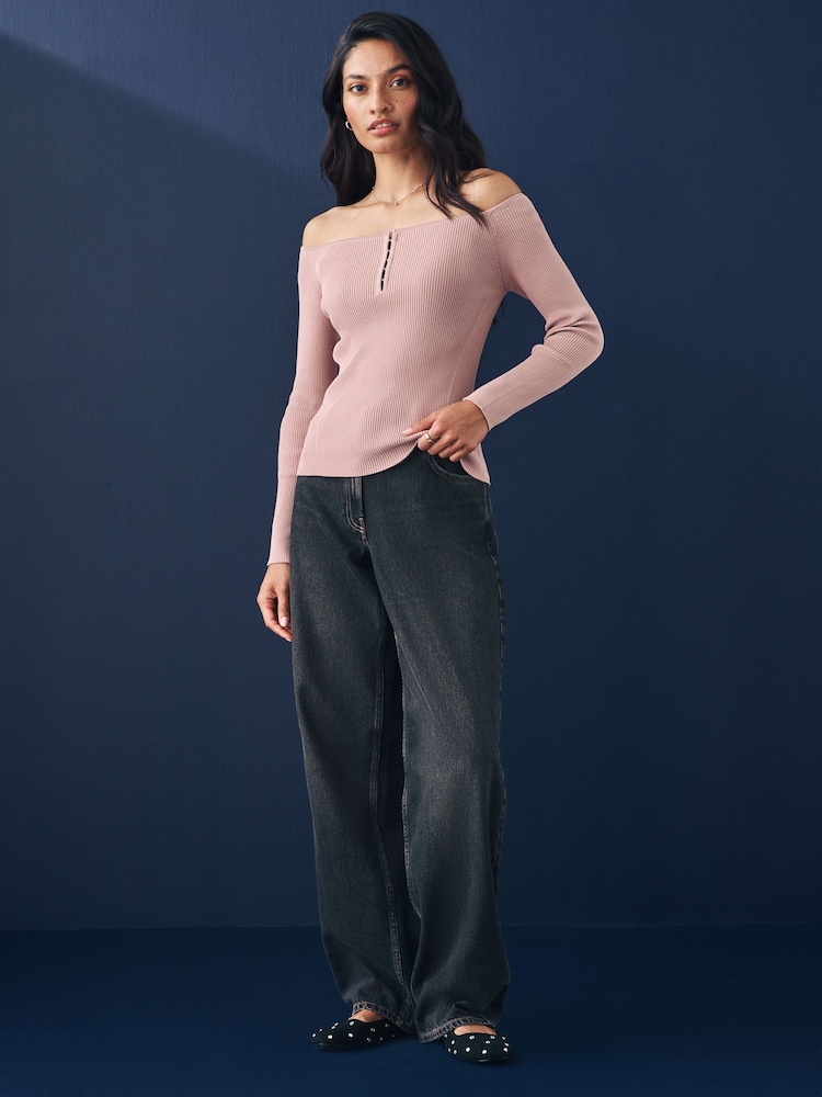 Pink Blush Bardot Off The Shoulder Fitted Rib Knitted Jumper Top - Image 2 of 7