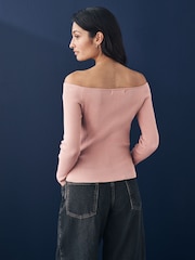 Pink Blush Bardot Off The Shoulder Fitted Rib Knitted Jumper Top - Image 3 of 7