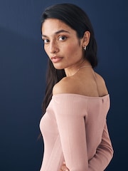 Pink Blush Bardot Off The Shoulder Fitted Rib Knitted Jumper Top - Image 4 of 7