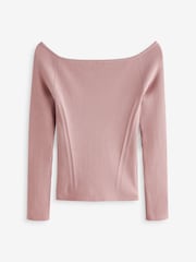 Pink Blush Bardot Off The Shoulder Fitted Rib Knitted Jumper Top - Image 6 of 7