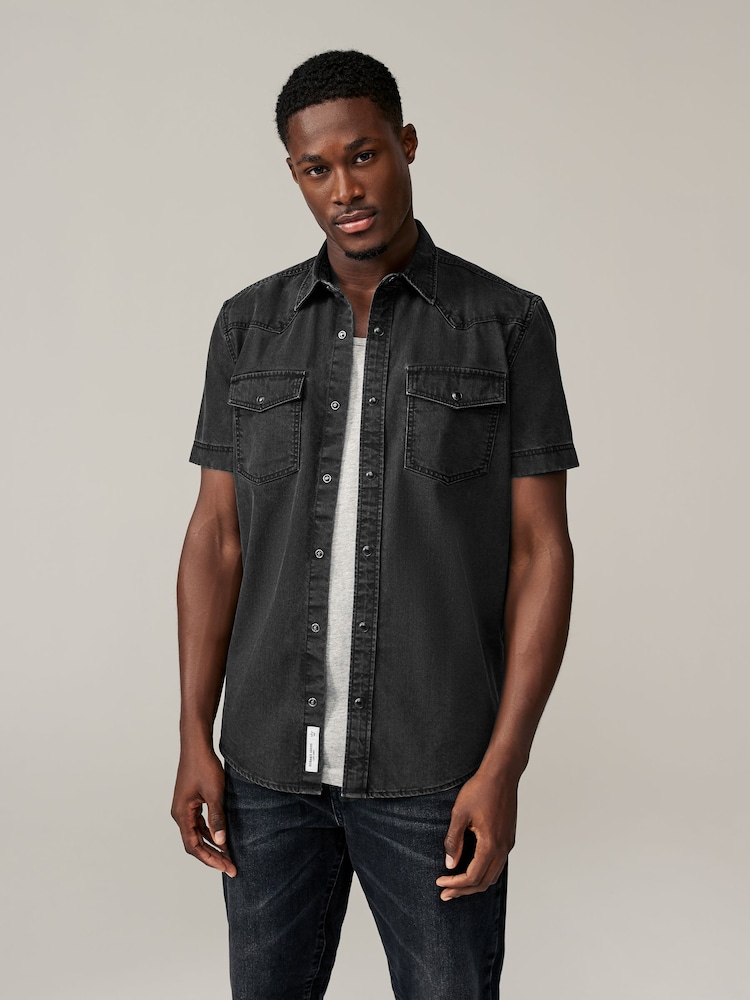 Black 100% Cotton Short Sleeve Denim Western Shirt - Image 1 of 8