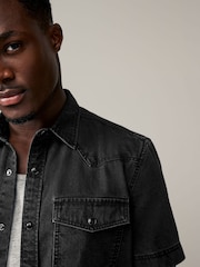 Black 100% Cotton Short Sleeve Denim Western Shirt - Image 4 of 8