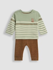 JoJo Maman Bébé Green Bear Embroidered Breton Top And Rib Leggings Set - Image 1 of 6
