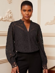 Love & Roses Black Lace Lace Mix Button Through Long Sleeve Blouse - Image 1 of 4