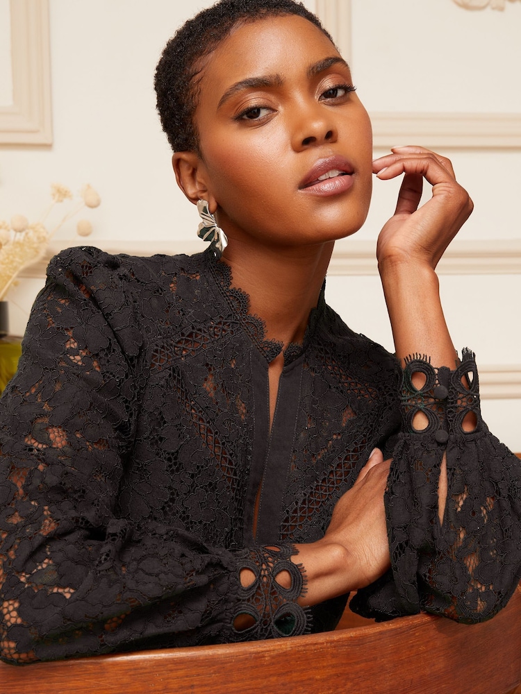 Love & Roses Black Lace Lace Mix Button Through Long Sleeve Blouse - Image 2 of 4