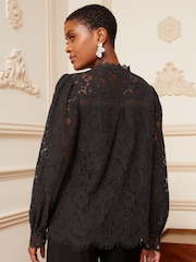 Love & Roses Black Lace Lace Mix Button Through Long Sleeve Blouse - Image 3 of 4
