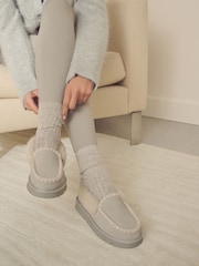 Grey Suede Stitch Moccasin Slippers - Image 1 of 8
