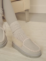 Grey Suede Stitch Moccasin Slippers - Image 3 of 8