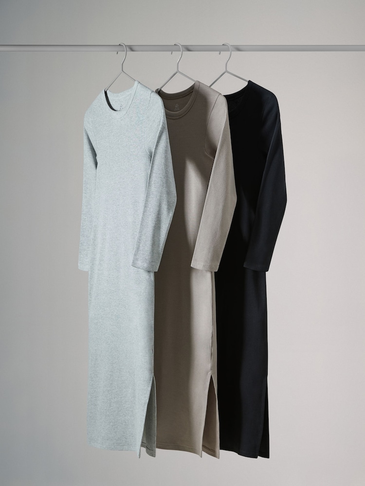 The Set Black/Grey Marl/Taupe Brown 3 Pack Ribbed Long Sleeve Bodycon Dresses - Image 2 of 6