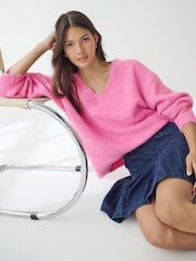 Pink Bright Relaxed Fit Soft Touch V-Neck Knitted Jumper with Wool - Image 1 of 8