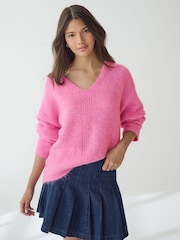 Pink Bright Relaxed Fit Soft Touch V-Neck Knitted Jumper with Wool - Image 3 of 8