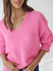 Pink Bright Relaxed Fit Soft Touch V-Neck Knitted Jumper with Wool - Image 5 of 8